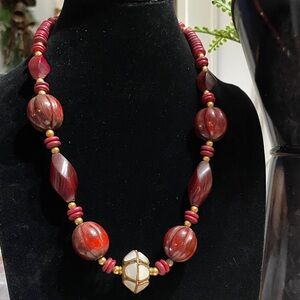 Handcrafted Red Lucite & MOP Bead Statement Necklace